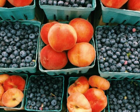 fruits in green baskets
