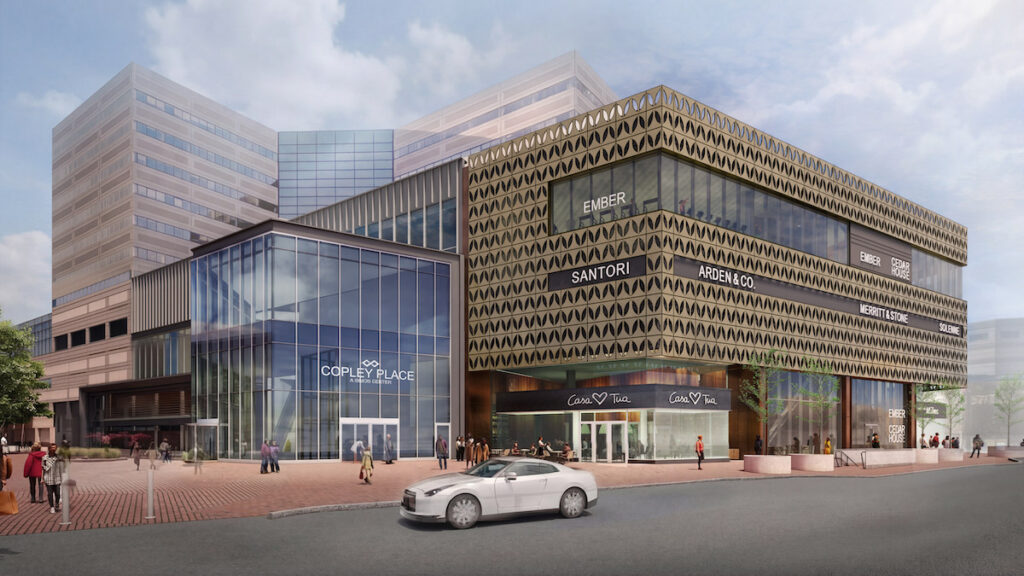 Architectural rendering of the proposed Copley Place Southwest Corridor entrance in Boston, with a multi-story glass atrium, geometric patterned exterior panels, and ground-floor storefronts.