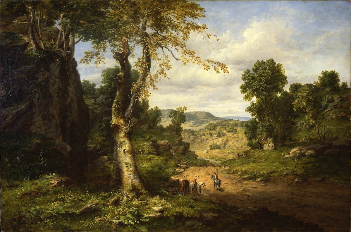 19th-century landscape painting depicting a rural scene in Berkshire County, Massachusetts, with travelers on a country road surrounded by trees and rolling hills.